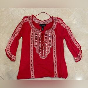 INC International Concepts Red Embellished Bib Collar Blouse Size:XS . Used